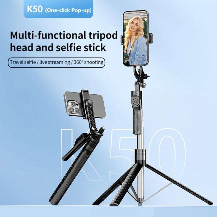 K50 1.9m Extendable Live Streaming Floor Stand Single Phone Clip Bluetooth Selfie Stick Tripod, K...