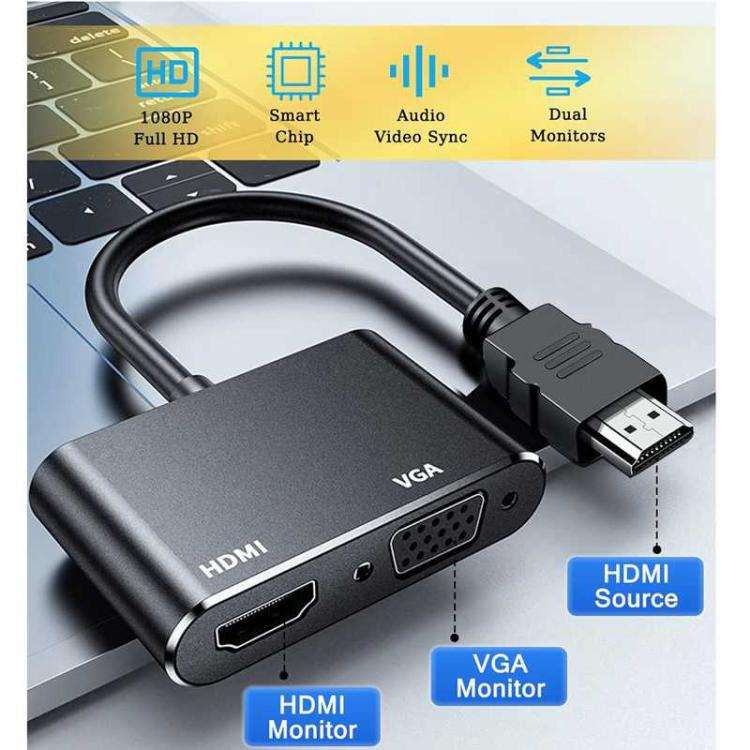 2 in 1 HDMI to VGA and HDMI Adapter For Windows / Mac Os / Linux Plug & Play, HDMI to VGA and HDMI
