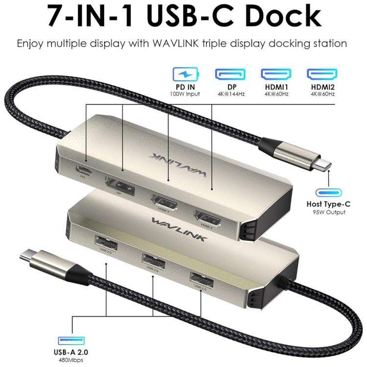 WAVLINK UMD308L Laptops HD / DP / 100W PD Ports Triple 4K Docking Station USB-C Hub Adapter