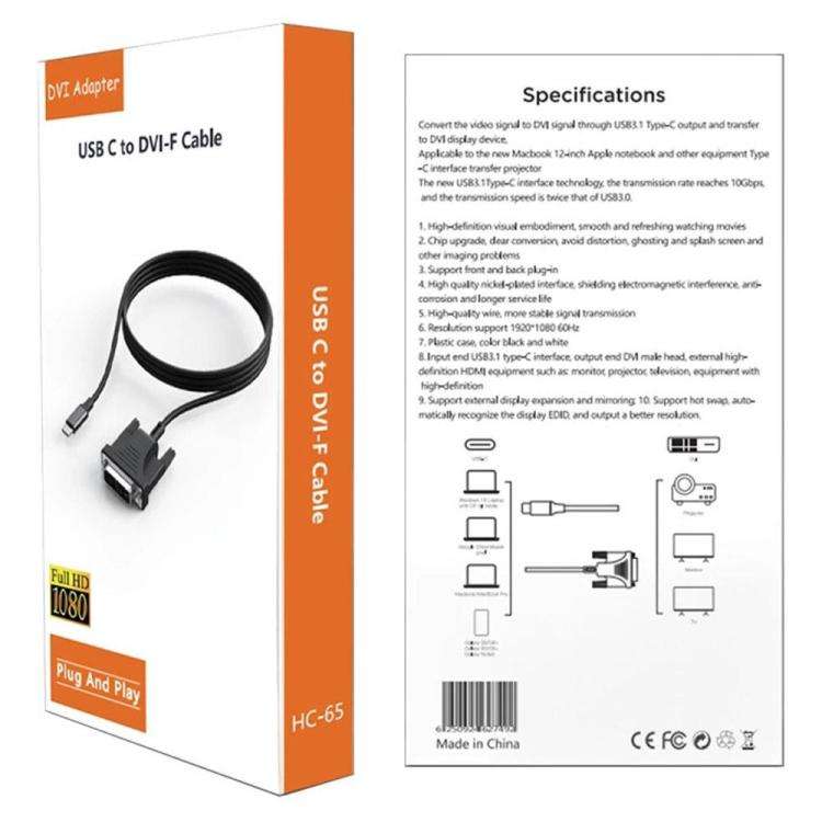 HC-65 USB 3.1 Type-C to DVI 1080P Adapter Cable