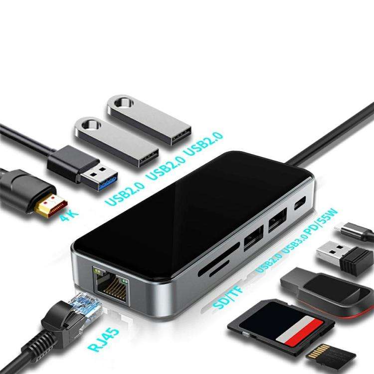 HC-76 4K HD RJ45 Ethernet SD TF Card Reader Multi Port Adapter 10 in 1 USB-C Hub Docking Station,...
