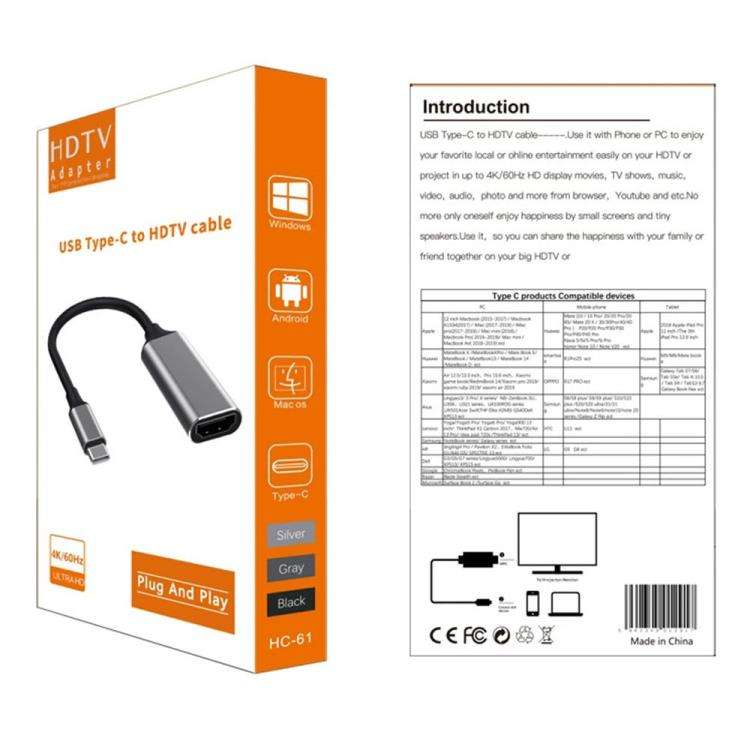 HC-61 HDMI Video Audio Sync Type-C to HDMI Cable 4K / 60Hz Adapter, HC-61