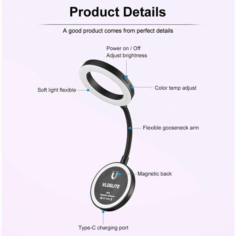 VLOGLITE M15 For Phone Reading Photography Video Lighting Mini Portable Selfie LED Light