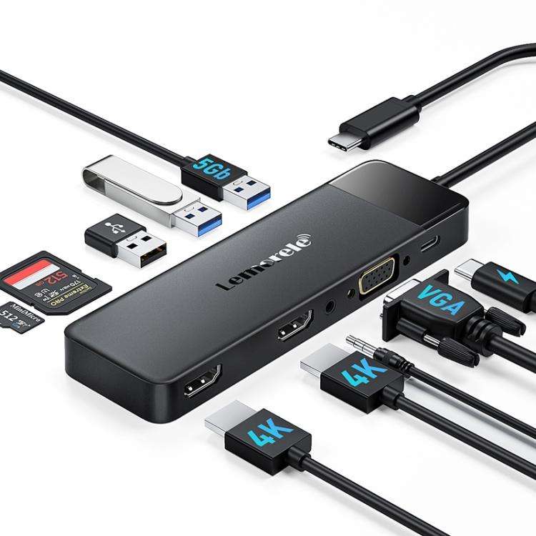 Lemorele TC94 10-in-1 Hub Dual HDMI VGA PD100W Multiport Docking Station