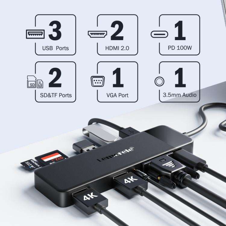 Lemorele TC94 10-in-1 Hub Dual HDMI VGA PD100W Multiport Docking Station