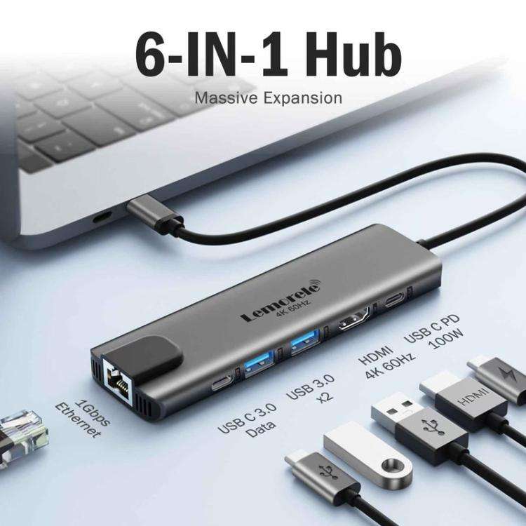 Lemorele TC44L 6 in 1 Docking Station 4K Visual Output Dual Card 100W PD Portable Connector