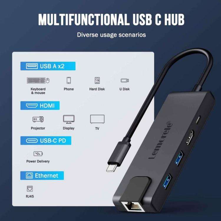 Lemorele TC24L 5 in 1 Docking Station 4K Ultra Display Fast Transfer 100W PD Adapter
