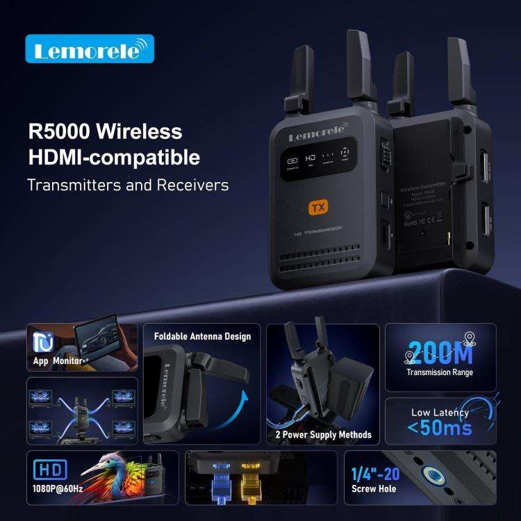 Lemorele R5000 Wireless Video Transmitter 1 In 1 Loop Out 1TX To 4RX 1080P 200M HDMI-compatible E...