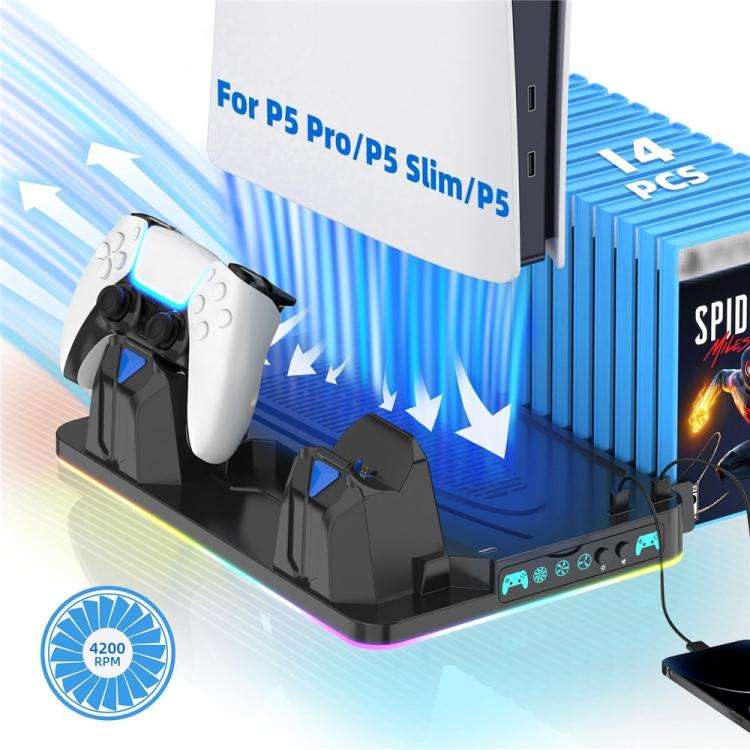 For PS5 / PS5 Slim / PS5 Pro Cooling Stand Dual Controller Charging Station Game Storage Rack