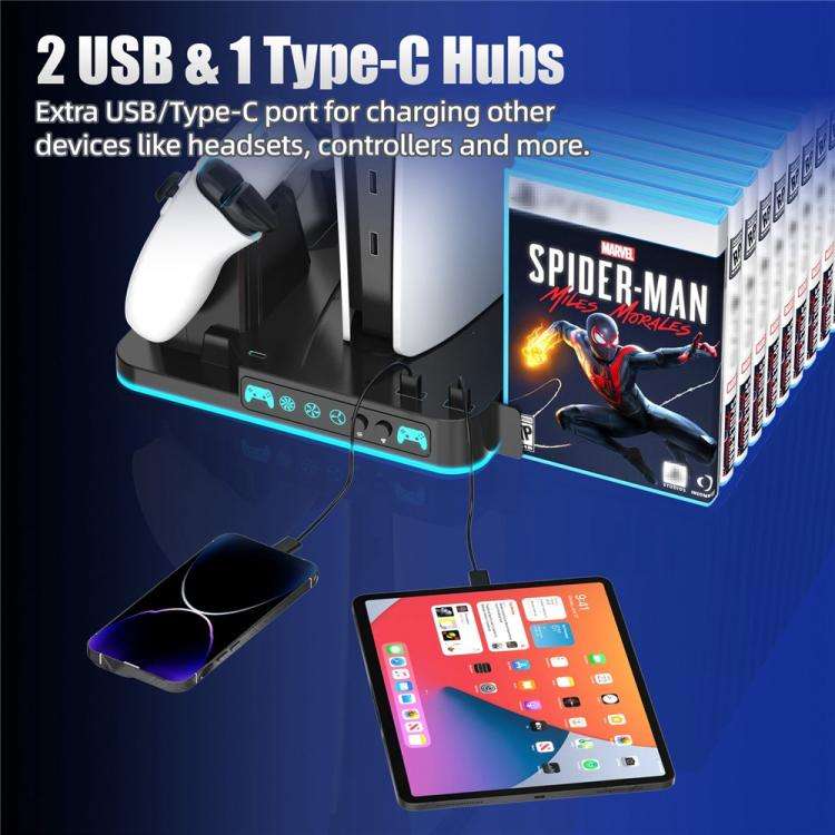 For PS5 / PS5 Slim / PS5 Pro Cooling Stand Dual Controller Charging Station Game Storage Rack