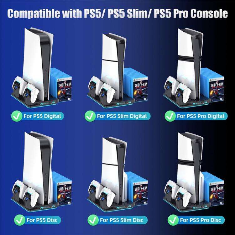 For PS5 / PS5 Slim / PS5 Pro Cooling Stand Dual Controller Charging Station Game Storage Rack