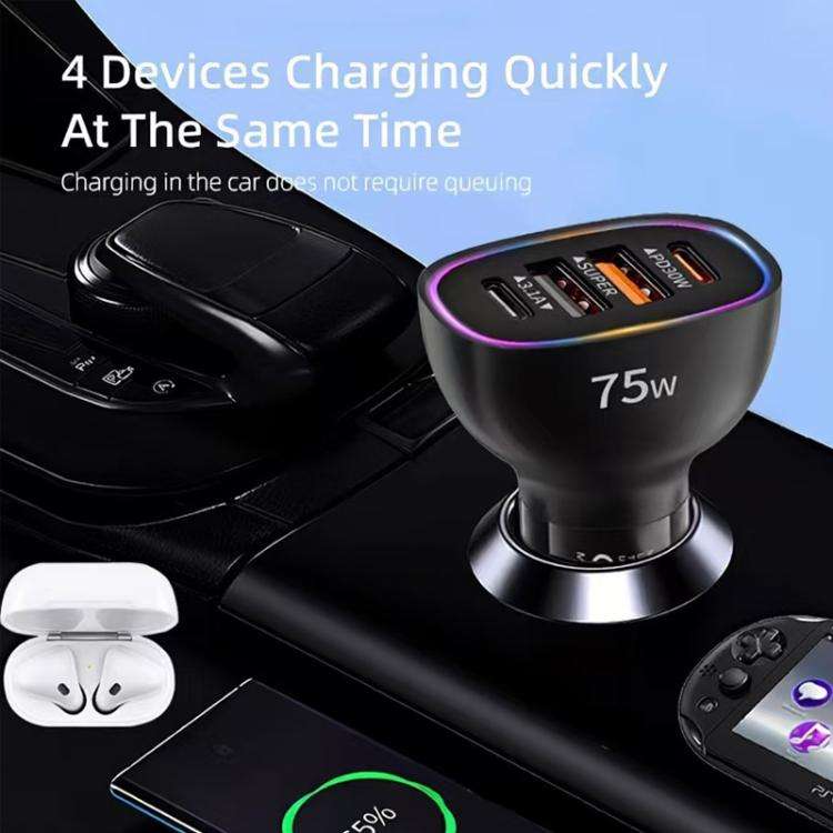 P54 75W PD3.0 USB-C x 2+USB x 2 Multi Protocol Car Charger, without Cable