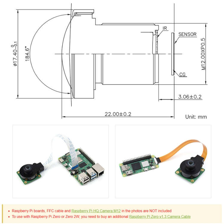 Waveshare WS1842714 For Raspberry Pi M12 High Resolution Lens, 14MP, 2.72mm Focal Length,23964, 2...