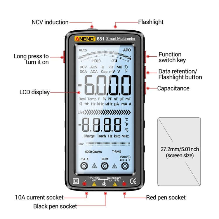 ANENG 681 LCD Digital Display Screen Smart Automatic Range Rechargeable Multimeter, 681 Red, 681 ...