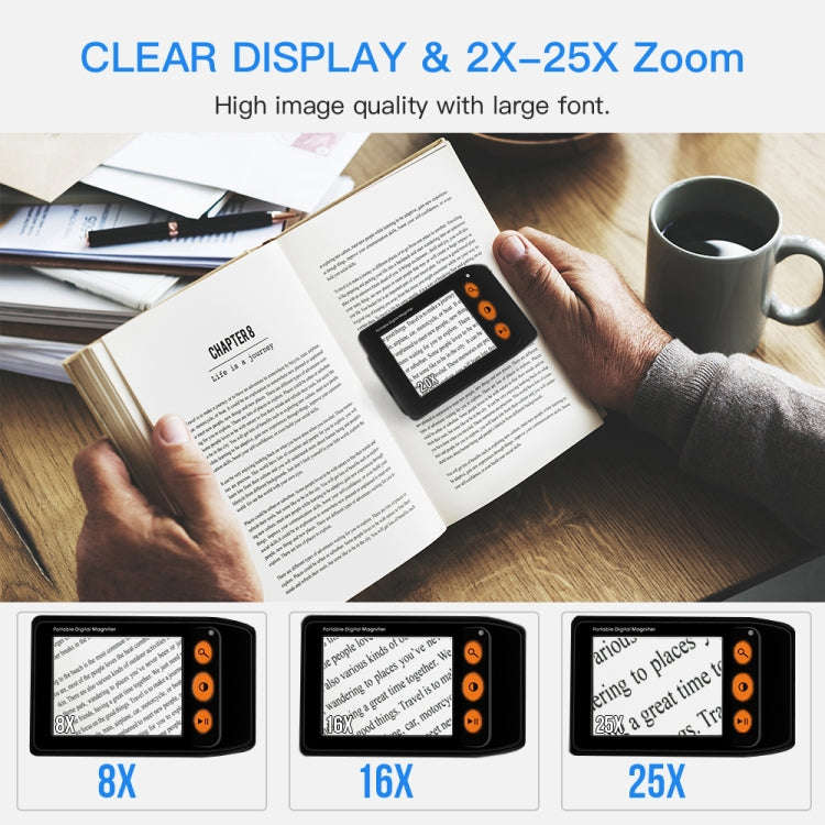 3.5 Inch 2X-25X High-Definition Handheld  Magnifying Glass Electronic Vision Aid, Black, White