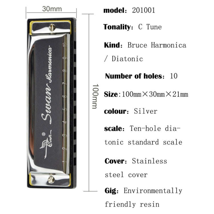 Swan 2 PCS 10 Holes Full-scale Bruce Harmonica Beginner Children Adult Students Playing Musical I...