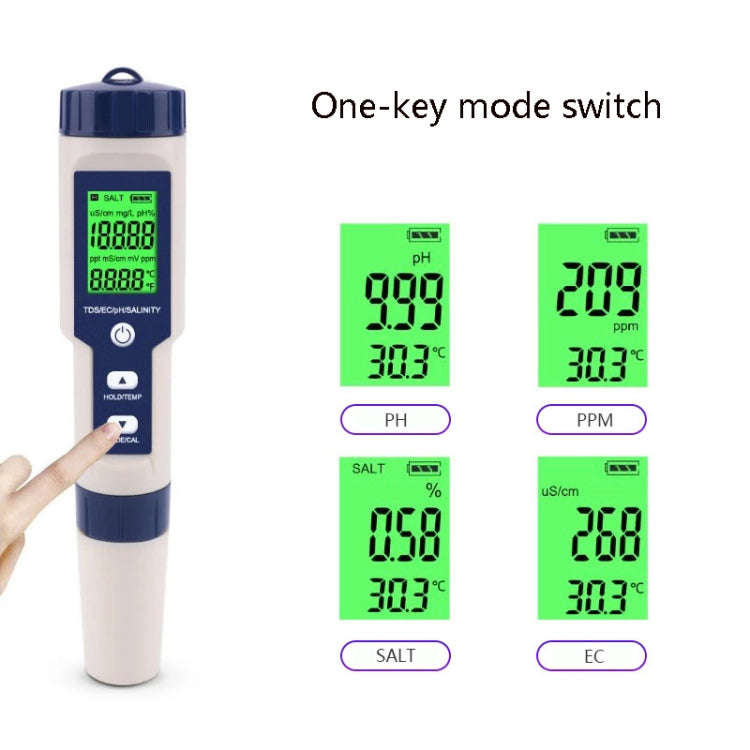 EZ-9909 PH/Salinity/Temperature/TDS/EC 5-in-1 Test Pen Multifunctional Water Quality Detector, 5-...