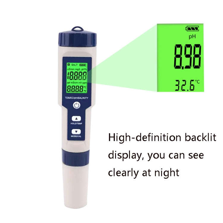 EZ-9909 PH/Salinity/Temperature/TDS/EC 5-in-1 Test Pen Multifunctional Water Quality Detector, 5-...
