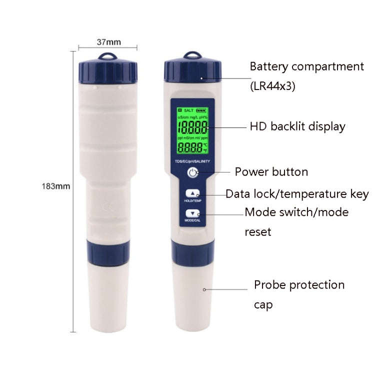 EZ-9909 PH/Salinity/Temperature/TDS/EC 5-in-1 Test Pen Multifunctional Water Quality Detector, 5-...