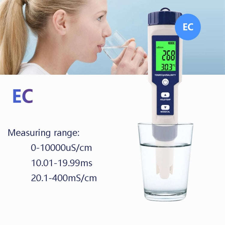 EZ-9909 PH/Salinity/Temperature/TDS/EC 5-in-1 Test Pen Multifunctional Water Quality Detector, 5-...