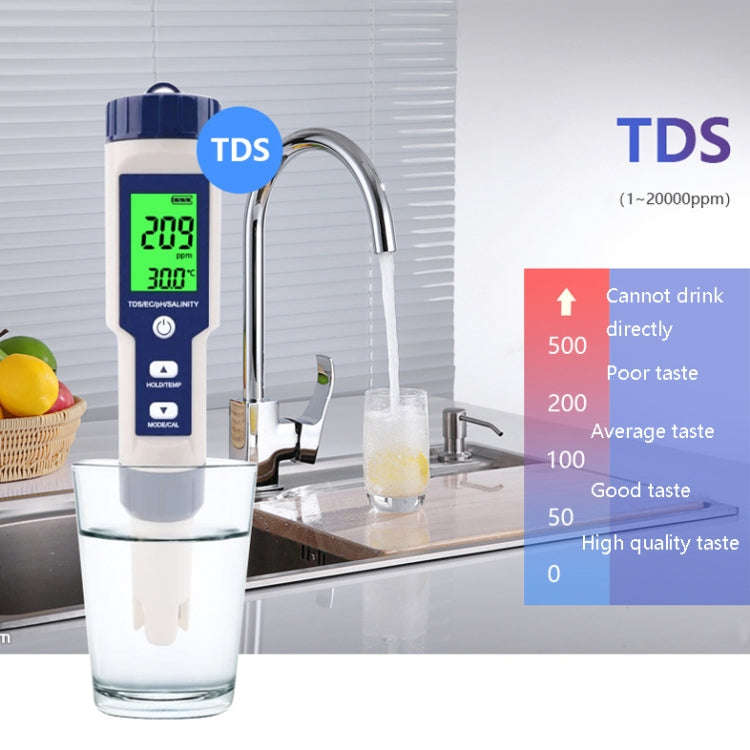 EZ-9909 PH/Salinity/Temperature/TDS/EC 5-in-1 Test Pen Multifunctional Water Quality Detector, 5-...