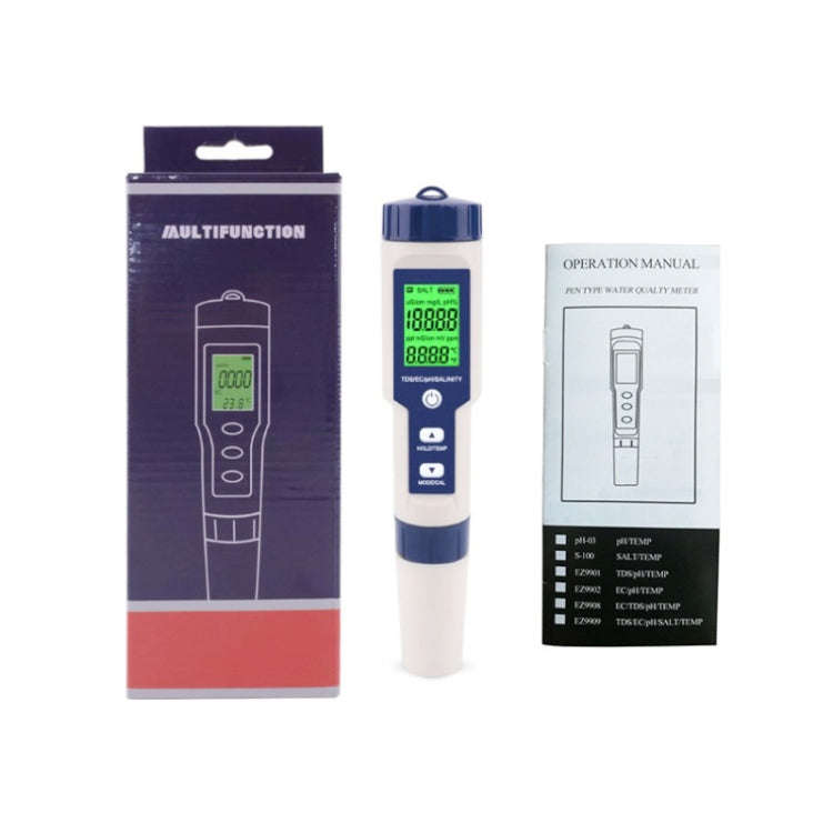 EZ-9909 PH/Salinity/Temperature/TDS/EC 5-in-1 Test Pen Multifunctional Water Quality Detector, 5-...
