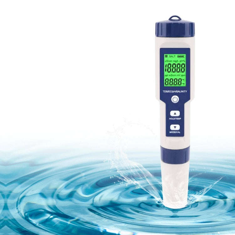EZ-9909 PH/Salinity/Temperature/TDS/EC 5-in-1 Test Pen Multifunctional Water Quality Detector, 5-...