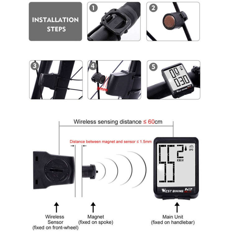 WEST BIKING Mountain Road Bike Wireless Big Character Table Big Screen Waterproof Night Light Spe...