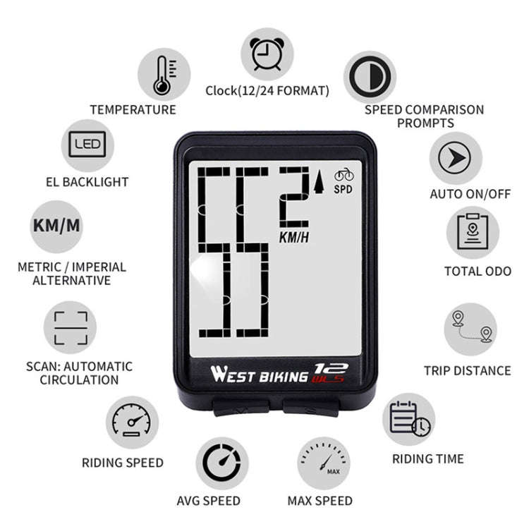 WEST BIKING Mountain Road Bike Wireless Big Character Table Big Screen Waterproof Night Light Spe...