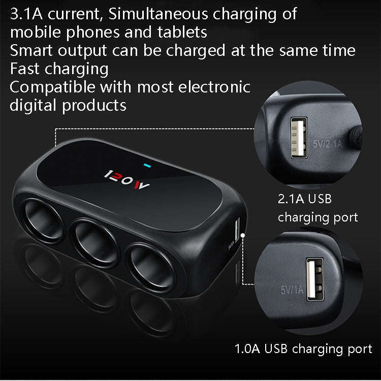 Car Charger Cigarette Lighter 1 In 3 Mobile Phone USB Car Charger, White, Black
