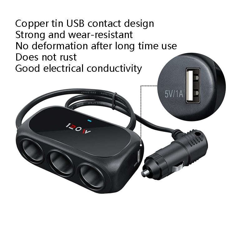 Car Charger Cigarette Lighter 1 In 3 Mobile Phone USB Car Charger, White, Black