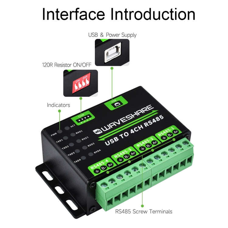Waveshare 25219 Industrial USB To 4Ch RS485 Converter, 25219