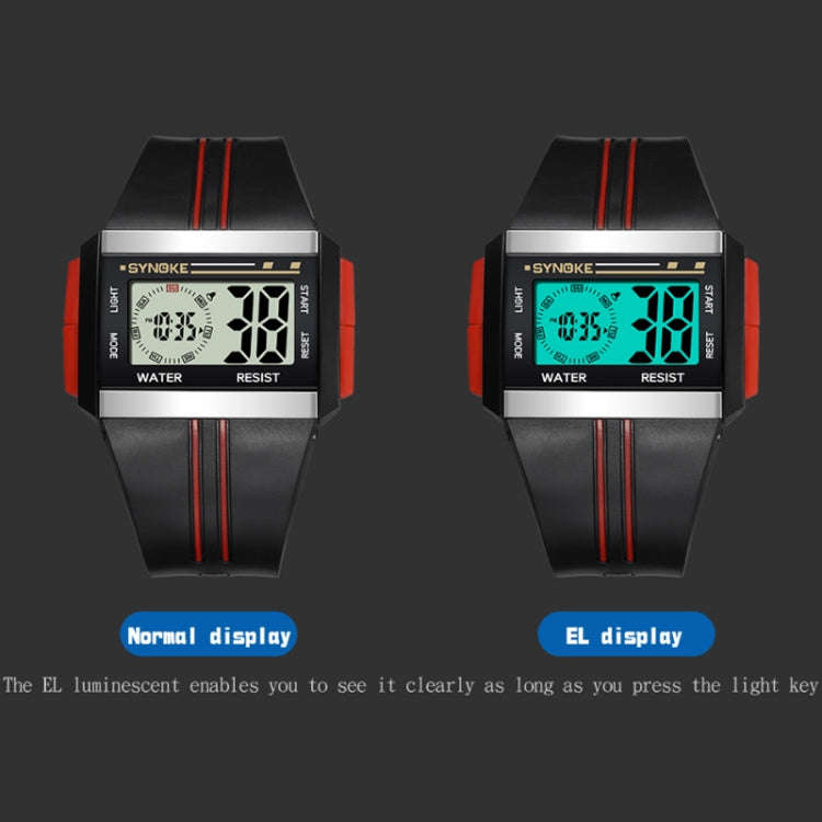 SYNOKE 9222 Men Large Screen Square Multi-Function Waterproof Luminous Electronic Watch, Red, Blu...