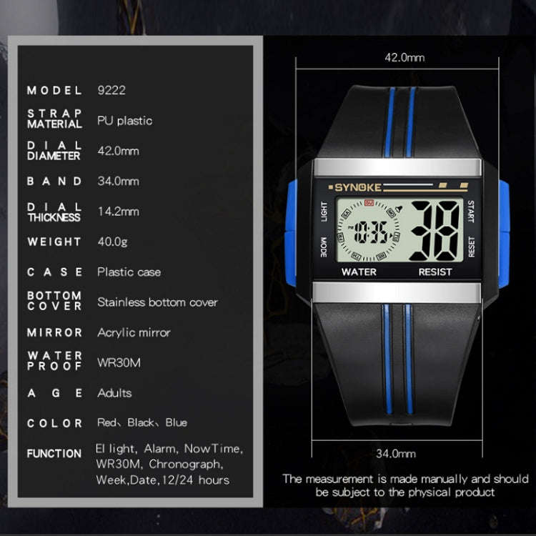 SYNOKE 9222 Men Large Screen Square Multi-Function Waterproof Luminous Electronic Watch, Red, Blu...