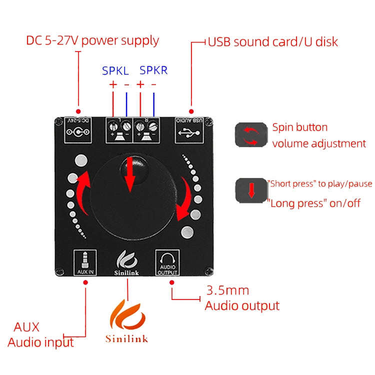 Sinilink AP50H HiFi 2.0 Stereo Bluetooth Digital TPA3116D2 Power Amplifier Board, AP50H