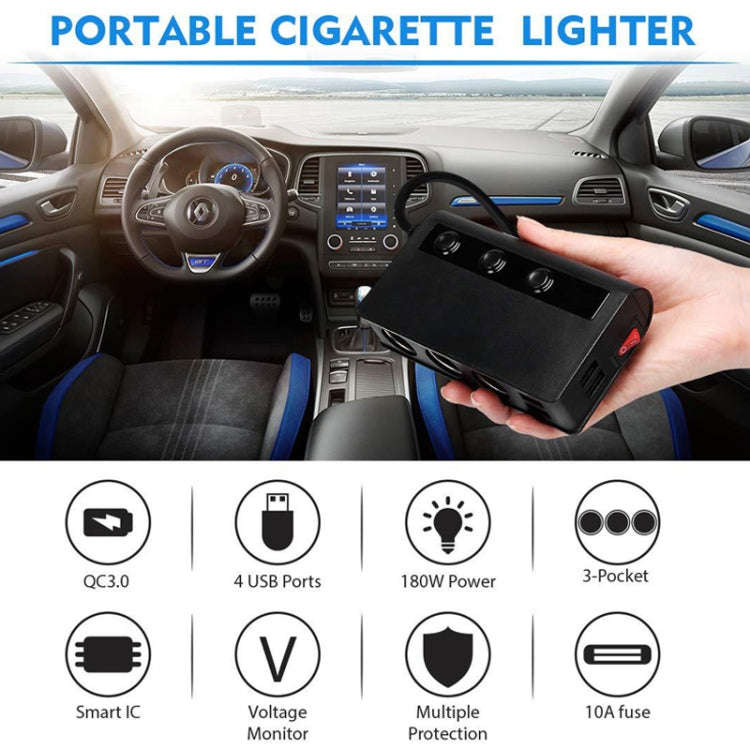 TR24 3 In 1 Car Cigarette Lighter Independent Switch Charger, TR24 (Black), TR24 (Black Red)