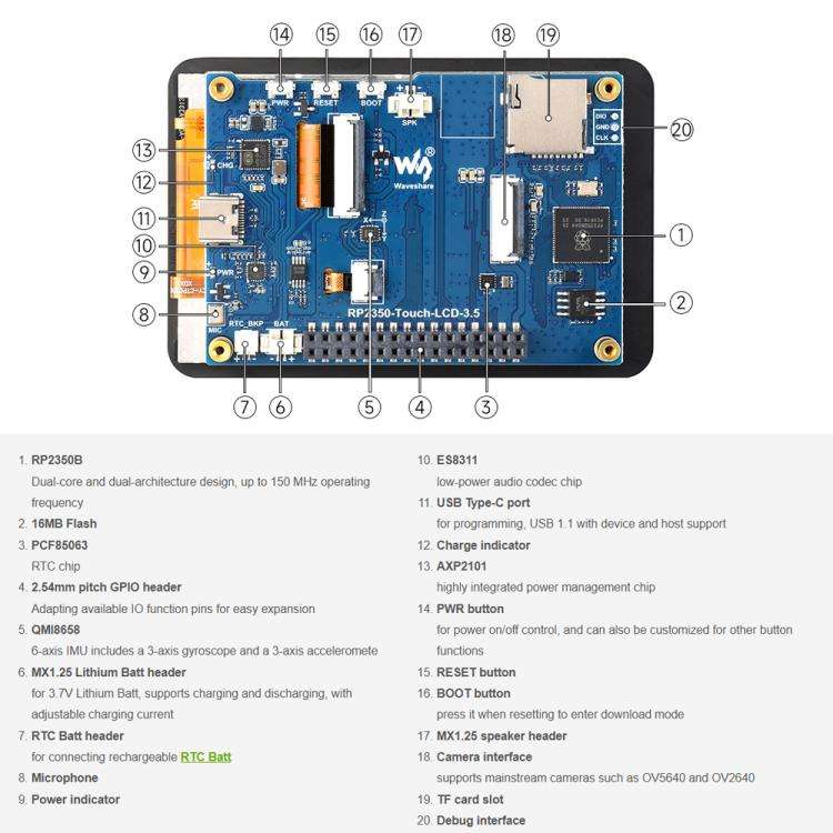 Waveshare RP2350 Dual-Core Development Board With 3.5-Inch 320x480 LCD, 65K Color Display, Standa...
