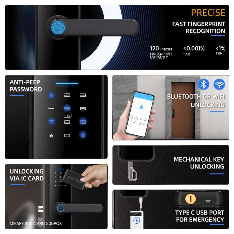 C91 Tuya Smart WiFi Password Fingerprint Electronic Door Lock, C91 Black, C91 Silver, C91 Bronze
