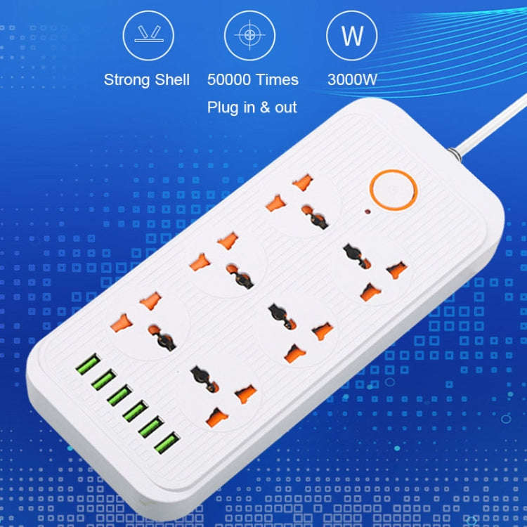 A07 2m 3000W 6 Plugs + 6-USB Ports Multifunctional Flame-retardant Socket with Switch, UK Plug, U...