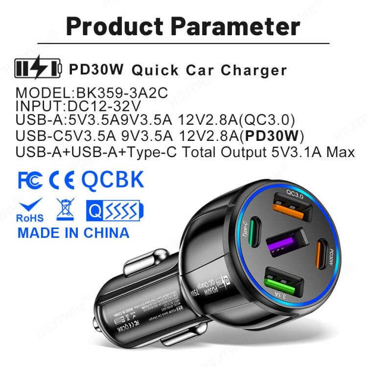 3USB+2PD 75W Dual Line Car Mobile Phone Fast Charging Charger, Black, White