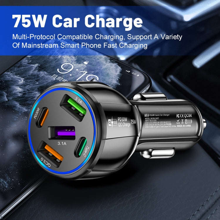 3USB+2PD 75W Dual Line Car Mobile Phone Fast Charging Charger, Black, White