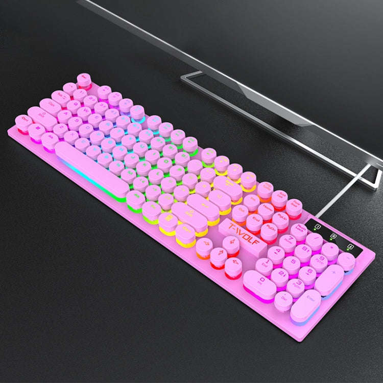 T-WOLF T80 104-Keys RGB Illuminated Office Game Wired Punk Retro Keyboard, Black, Pink, White