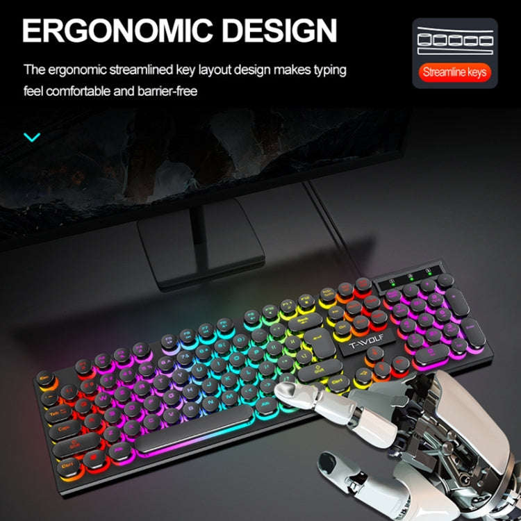 T-WOLF T80 104-Keys RGB Illuminated Office Game Wired Punk Retro Keyboard, Black, Pink, White
