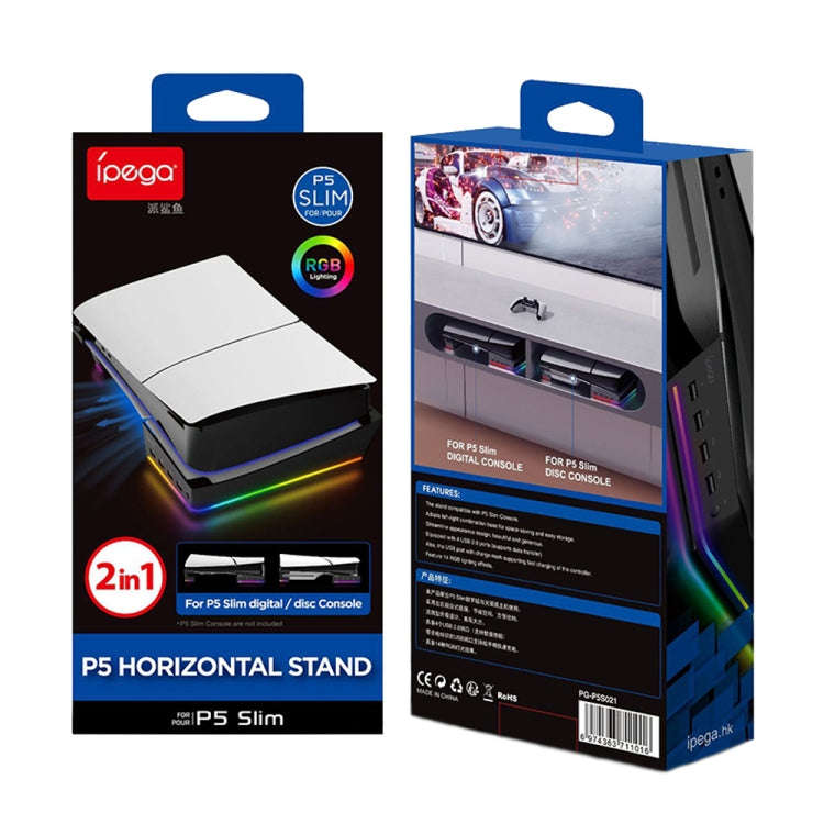 For Sony PS5 Slim IPEGA PG-P5S021 RGB Light Host Horizontal Stand With 4 USB HUBs, White