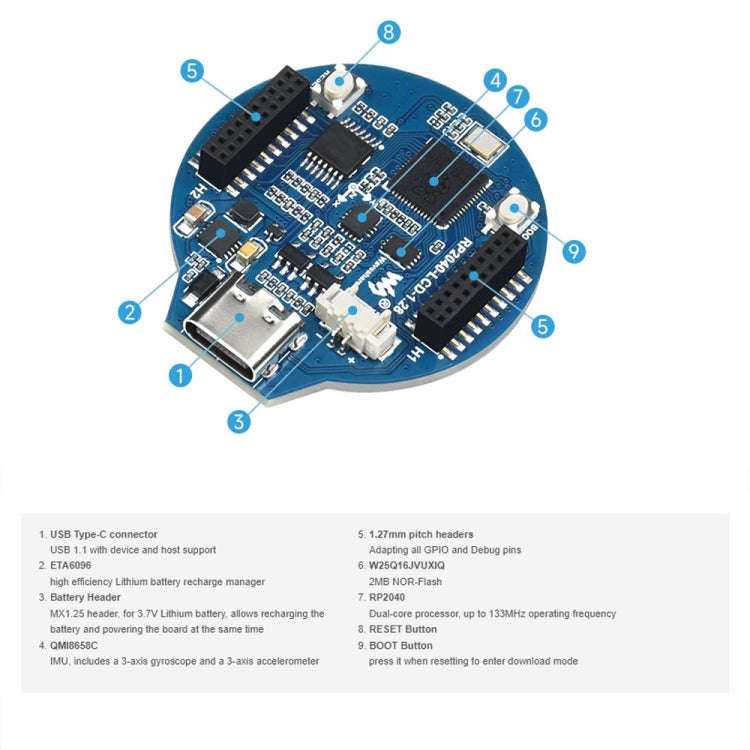 Waveshare 26369 1.28-Inch Round LCD Screen RP2040 MCU Board, without Touch, with Touch