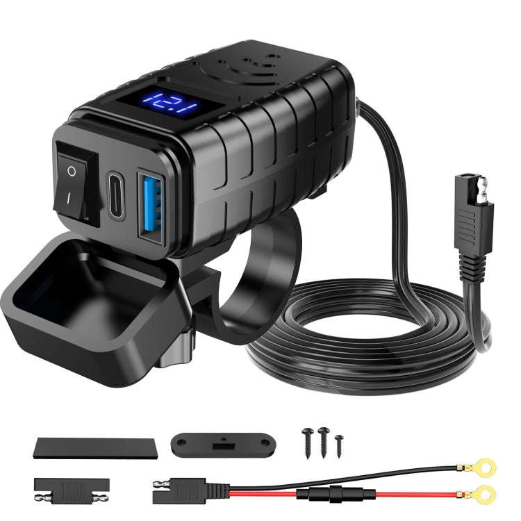 PD3.0 Motorcycle USB Mobile Phone Charger Digital Voltage Meter with Switch, Blue Screen, Red Scr...
