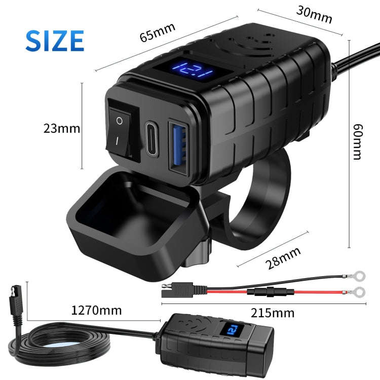 PD3.0 Motorcycle USB Mobile Phone Charger Digital Voltage Meter with Switch, Blue Screen, Red Scr...