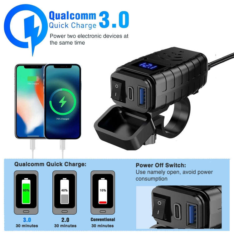 PD3.0 Motorcycle USB Mobile Phone Charger Digital Voltage Meter with Switch, Blue Screen, Red Scr...