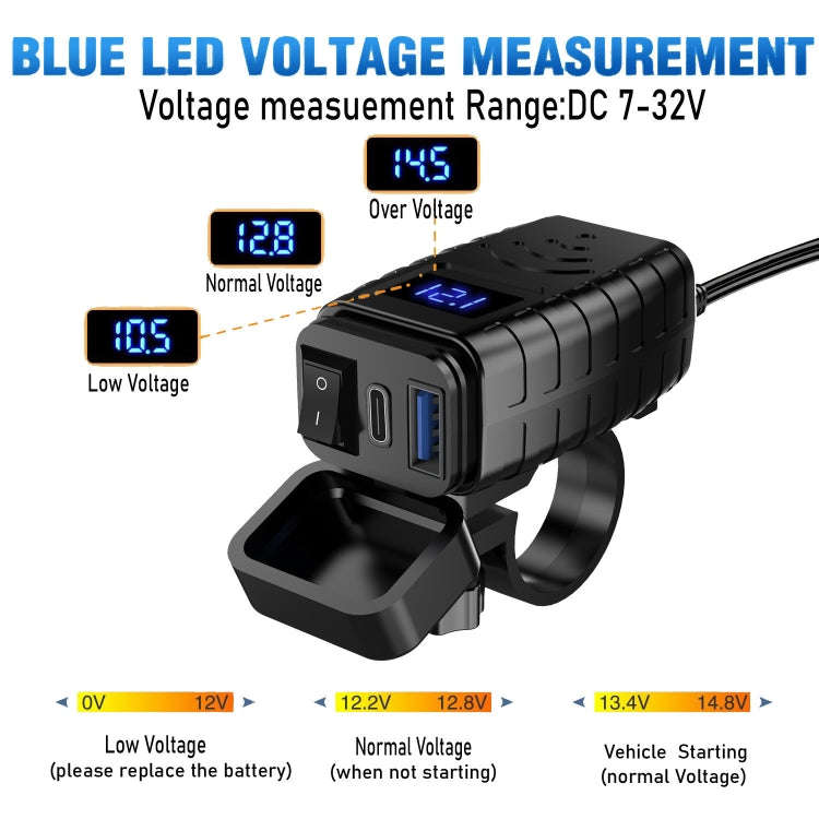 PD3.0 Motorcycle USB Mobile Phone Charger Digital Voltage Meter with Switch, Blue Screen, Red Scr...