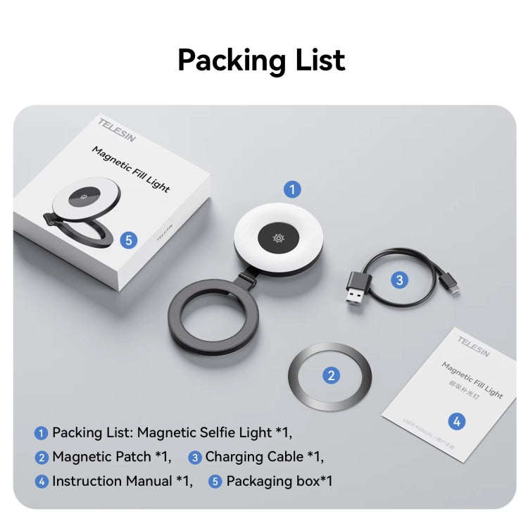 TELESIN Magnetic Selfie Light Rechargeable Foldable Fill Light For Mobile Phone, P5-BGD-01
